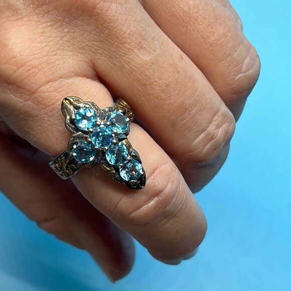 925 Sterling Silver 6 stone Genuine Blue Topaz Cross Ring Sz 9 - Picture 9 of 9